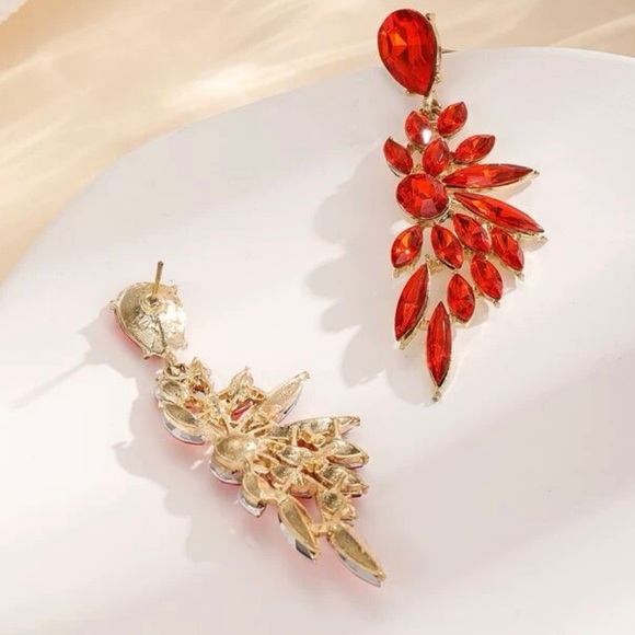 Red Dangling Pierced Earrings - Faux Ruby - Picture 3 of 7